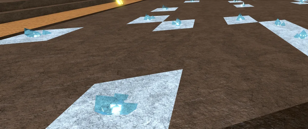Blue crystals glowing in the floor of the mine shaft